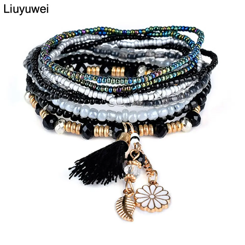 Liuyuwei Trendy Boho Multilayer Charm Bracelets&Bangles For Women Tassel Flower Pendant Crystal Beads Strand Bracelets Ywlg8048 1