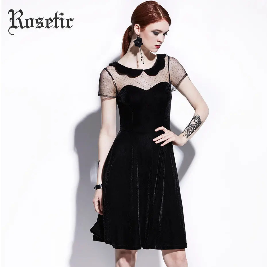 Rosetic Gothic Casual Dress Summer Women Black A-Line Poly Spun Velour Hollow Party Preppy Fashion Slim Mesh Vintage Goth Dress 1