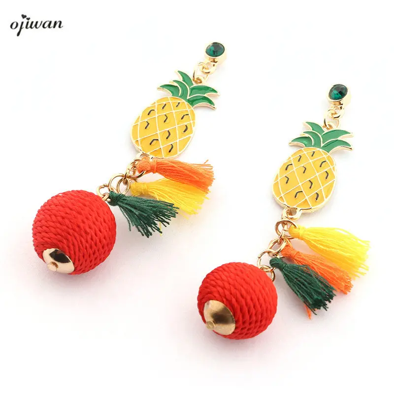 Ojiwan Boho Pineapple Earrings Hippie Tassel Earrings With Stud Cowgirl Summer Earrings Aritos Red Ball Thread Wrapped Earrings 1