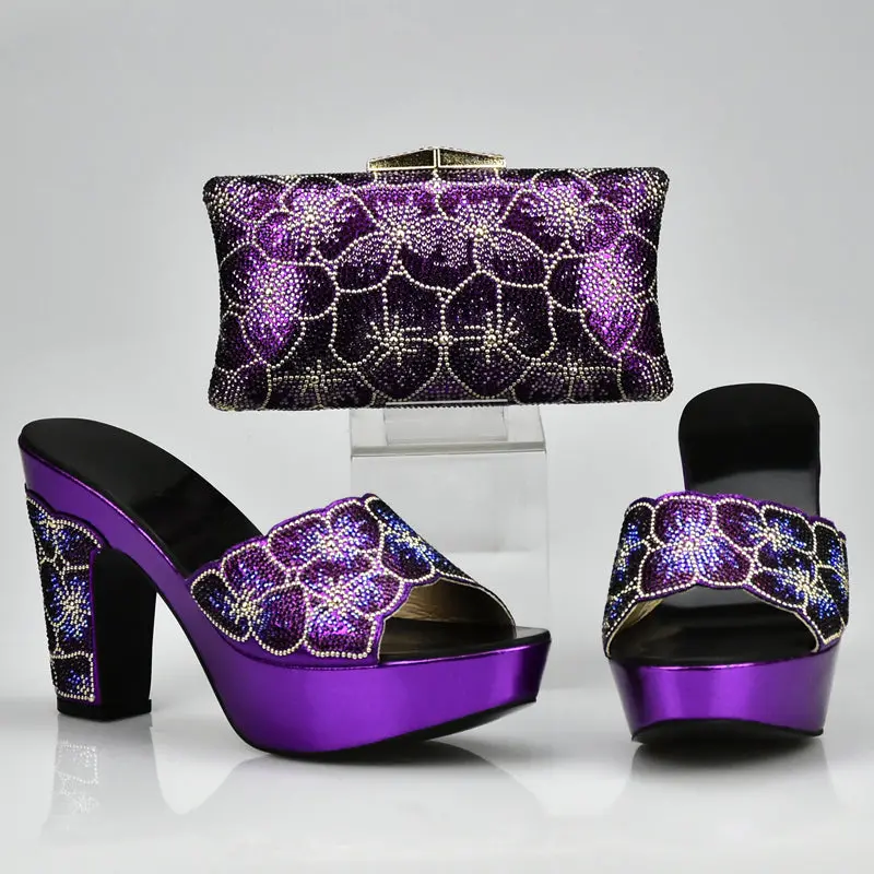 Purple Color Matching Shoe And Bag Set Decorated With Rhinestone African Shoe And Bag Set For Party In Women Italian Ladies Shoe 1