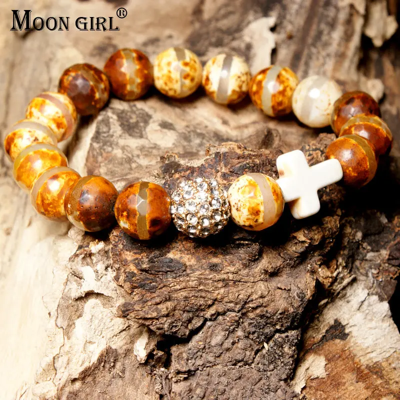 Moon Girl Stretchy 10Mm Natural Stones Pave Ball Cross Elastic Bracelet Beaded Boho Chic Yoga Bracelets Femme Jewelry Dropship 1