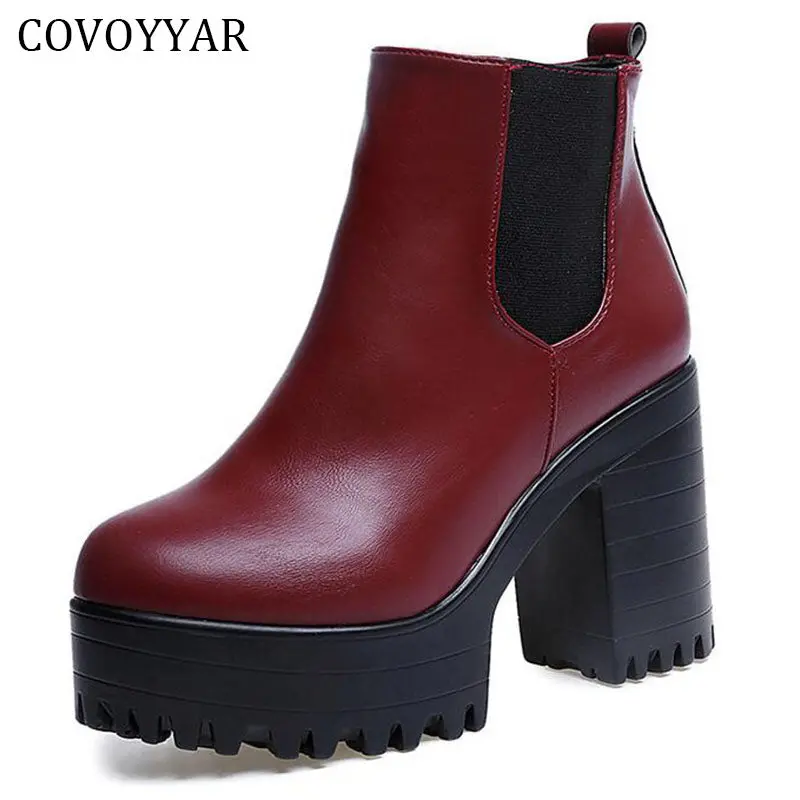Covoyyar 2018 Vintage Platform Chunky Heel Ankle Boots Women Spring Autumn Fashion Booties Woman Shoes Black/Red Size 40 Wbs279 1