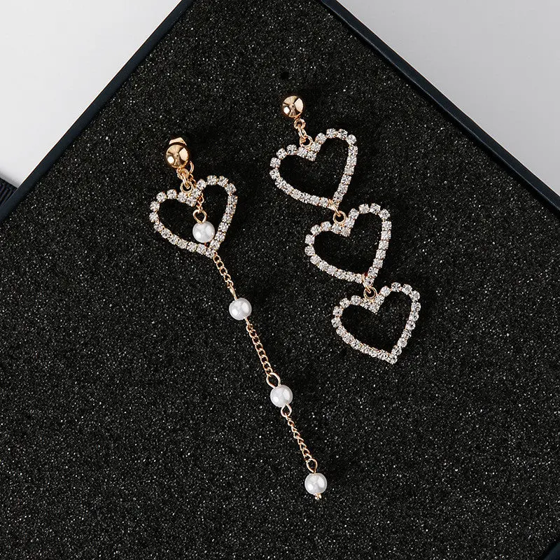 New Korean Charm Pearl Tassel Crystal Love Heart Earrings For Women Fashion Asymmetric Drop Earring Luxury Jewelry 1