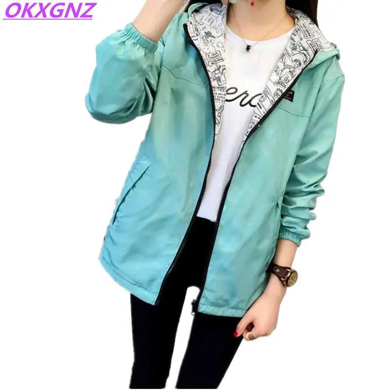 2018 Spring Autumn Women Basic Jacket Pocket Zipper Hooded Two Side Wear Cartoon Print Outwear Loose Coat Windbreaker Female 101 1
