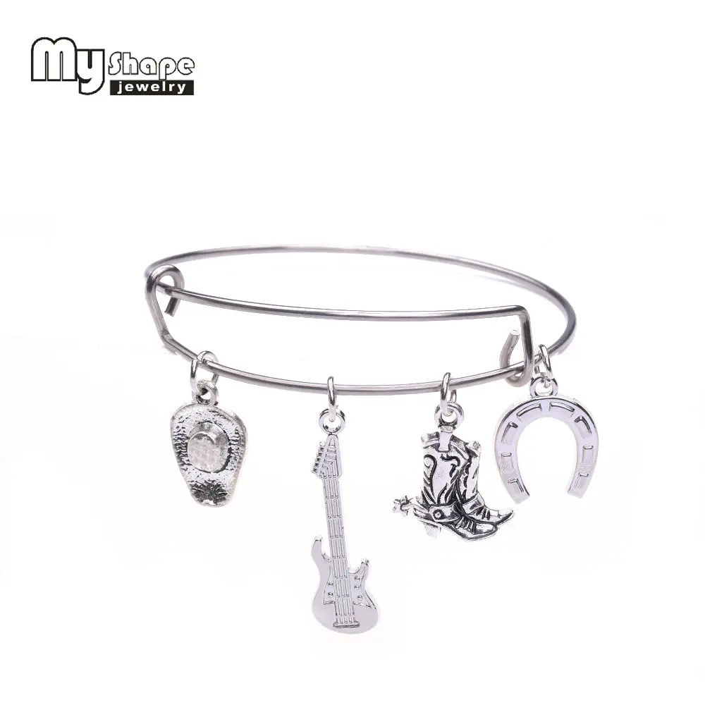My Shape Country Girl Cowgirl Style Jewelry Stainless Steel Adjustable Wire Bangle With Cowboy Boots & Guitar Charms Bracelet 1