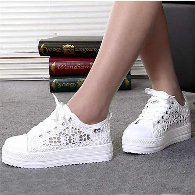 Women Shoes 2018 Fashion Summer Casual Ladies Shoes Cutouts Lace Canvas Hollow Breathable Platform Flat Shoes Woman Sneakers 1