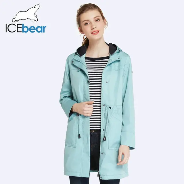 Icebear 2018 O-Neck Collar Autumn New Arrival Trench Coat Solid Color Woman Fashion Slim Coats Hat Detachable 17G123d 2