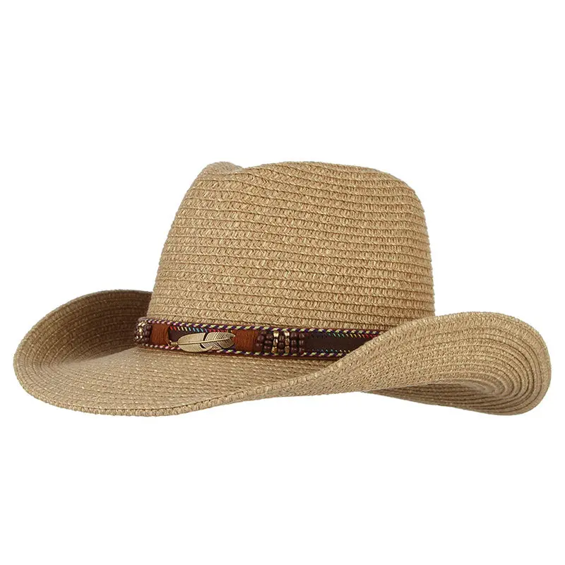 Vintage Western Cowboy Hat For Men Women Summer Straw Hats Alloy Feather Beads Cowgirl Jazz Cap Wide Brim Sun Caps Sombrero 1