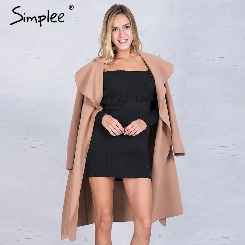 Simplee Black Ruffle Warm Winter Coat Women Turndown Long Coat Collar Overcoat Female Casual Autumn 2016 Pink Outerwear 1