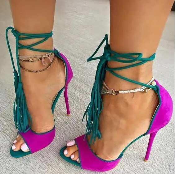 Women Chic Fuchsia Suede Fringe Sandals Concise Ultra High Heels Lace-Up Tassel Shoes Rose Red Yellow Cross Tied Dress Pumps 1