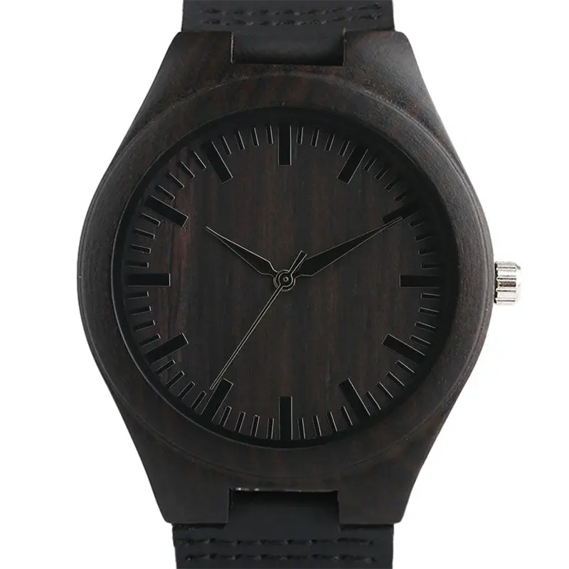 Top Men's Wooden Watches High Quality Black Handmade Natural Wood Bamboo Quartz-Watch No Number Face Chic Second Hand Clock Male 1