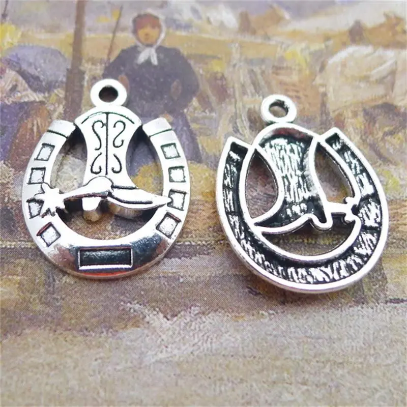 Bulk 30 Antique Silver Plated Cowgirl Boots With Horseshoe Charms Lucky Pendants 24*19Mm 2.4G 1