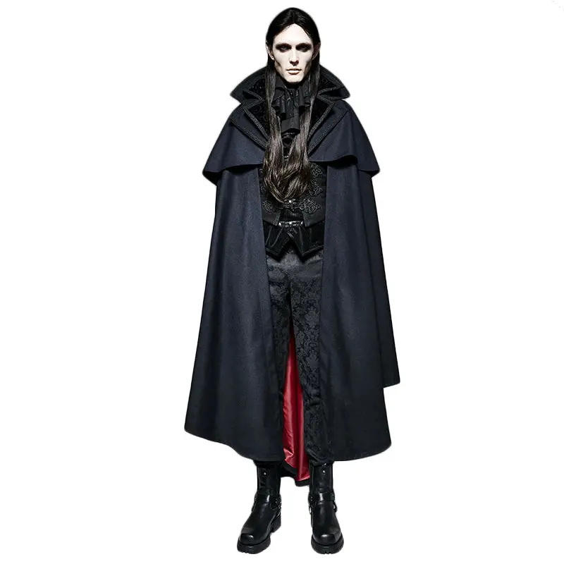 Gothic Vampire Count Woven Mens Blue Cape Poncho Coat Stand-Collar Fake Two-Piece Vest Sleeveless Cape Outside The Cloak 1