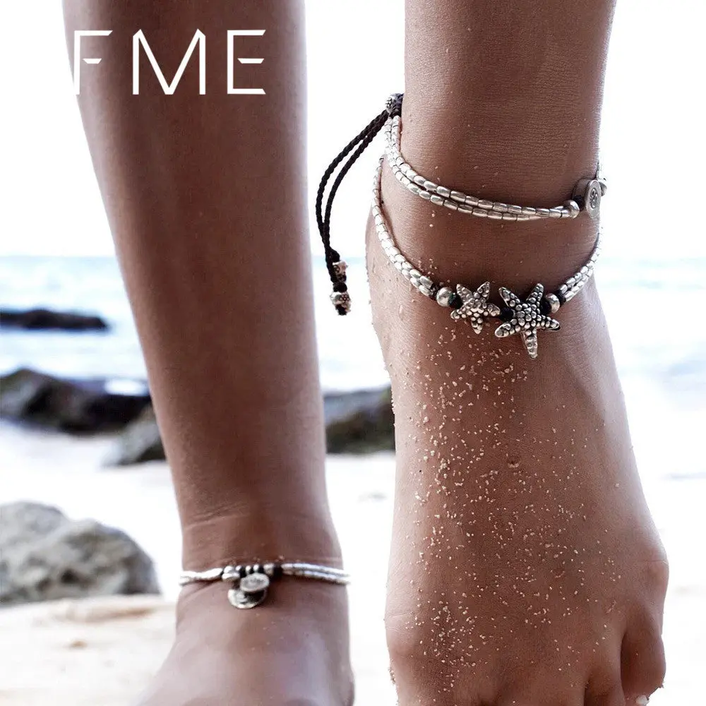 If Me Vintage Starfish Adjustable Beads Anklet For Women Boho Charms Antique Silver Color Beach Bracelet Ankle Foot Jewelry Gift 1