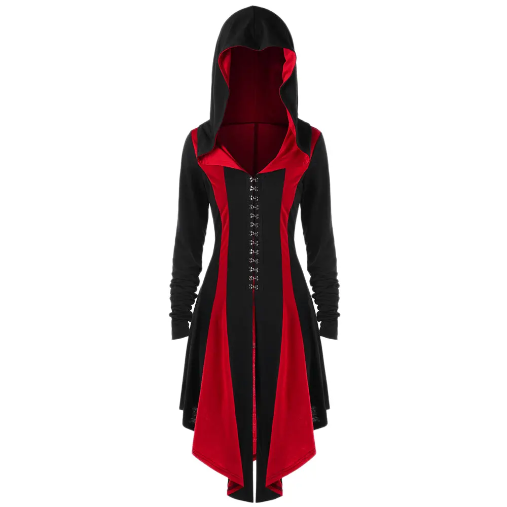 Gamiss Trendy Plus Size Lace Up Hook Button Hooded Coat Female Spring Outwear Women Gothic Color Block Thumb Hole Long Coat 1