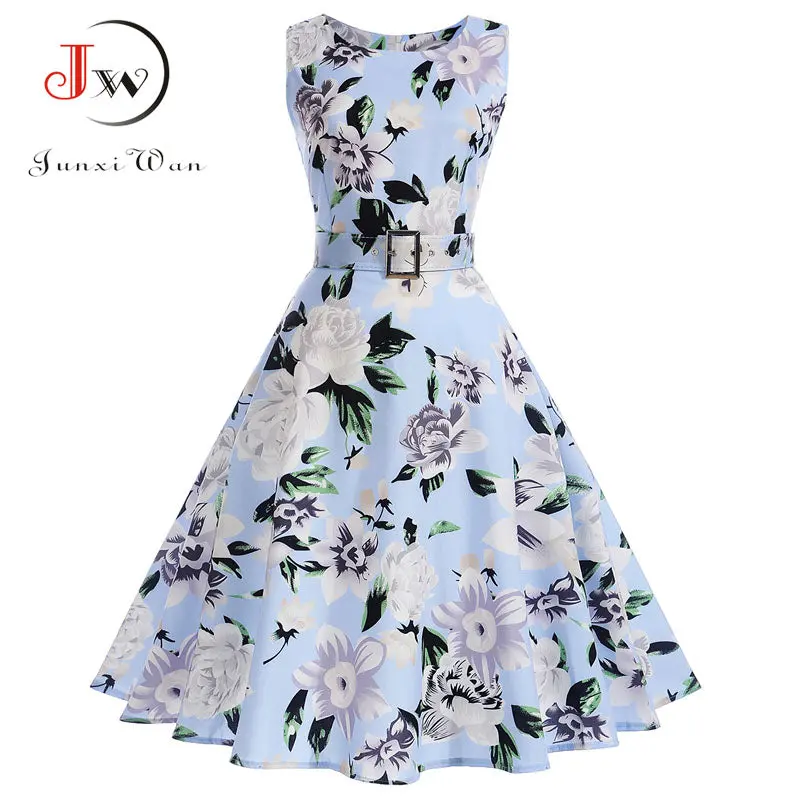 Vestidos Vintage Dress Summer Floral Print Sleeveless Party Dresses 50S 60S Elegant Rockabilly Sexy Pin Up Dress With Belt 1