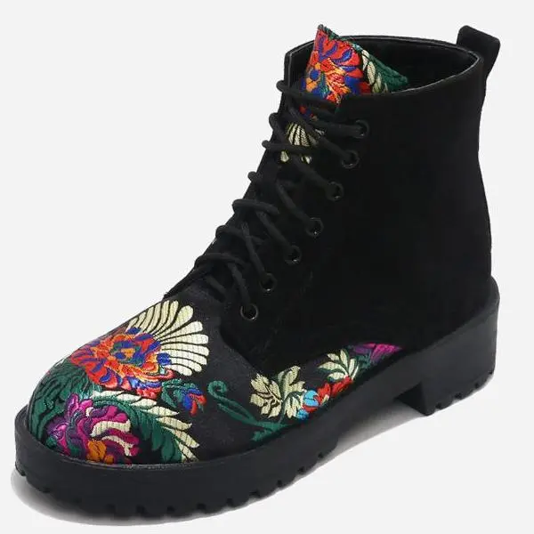 Spring Fashion Flower Embroidery Lace Up Ankle Boots 1