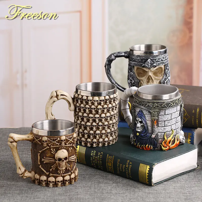 Coolest Gothic Skull Resin Stainless Steel Beer Mug Dragon Knight Tankard Halloween Coffee Cup Christmas Tea Mug Pub Bar Decor 1