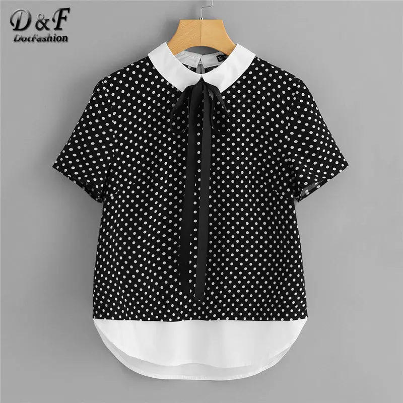 Dotfashion Contrast Tie Neck And Hem Polka Dot Summer Shirt Women Short Sleeve Button Bow Tops 2018 Preppy Style Blouse 1