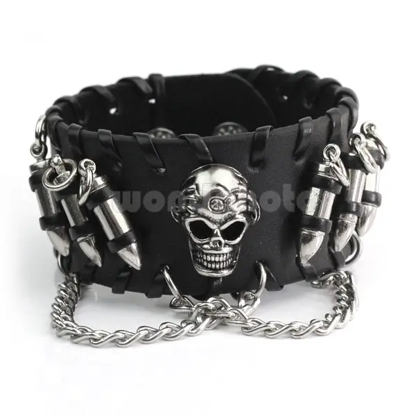 Black Rock Punk Biker  Men's Gothic Cowhide Leather Bullet  Bangle Skeleton Chain Wristband Bracelet Jewelry Hot 1