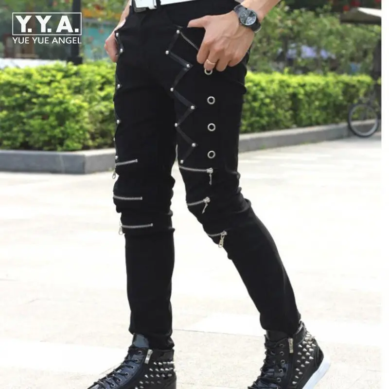2018 New Arrival Spring Fashion Mens Punk Skinny Pants For Man Cool Cotton Casual Pants Zipper Slim Fit Black Goth Trousers 1