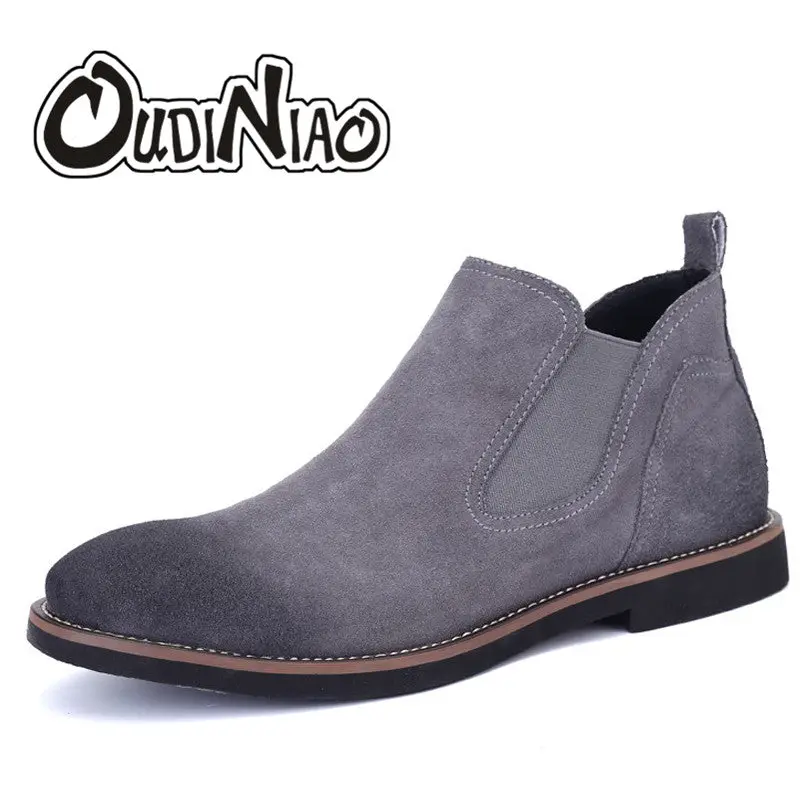 Oudiniao Spring Fashion 2018 Chelsea Boots Men Slip On Cow Suede Cowboy Boots Mens Round Toe Split Leather Men Ankle Boots Black 1