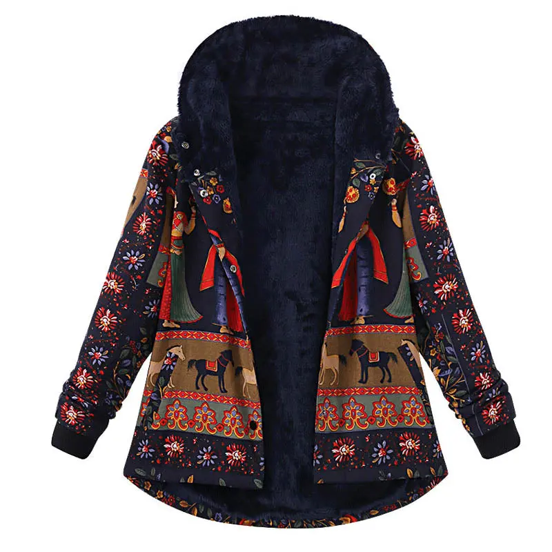 2018 Winter Celmia Women Boho Print Hoodies Long Sleeve Fleece Warm Sweatshirt Coat Loose Buttons Down Retro Jacket Outwear 1