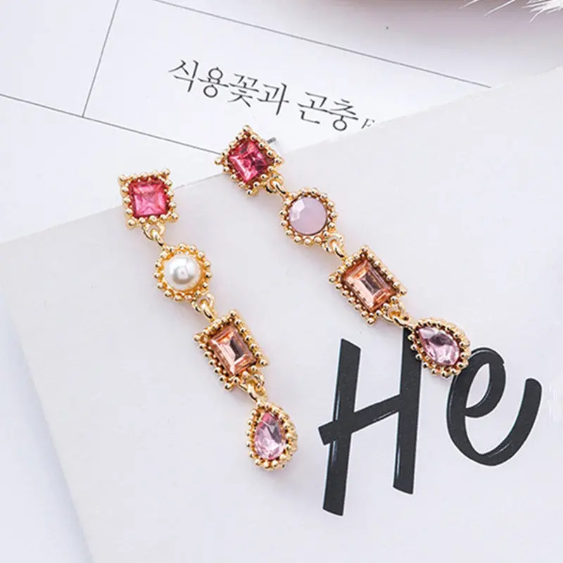 Luxury Multicolor Rhinestone Charm Pearl Long Earrings New Fashion Statement Drop Dangle Earring Jewelry For Women Pendientes 1
