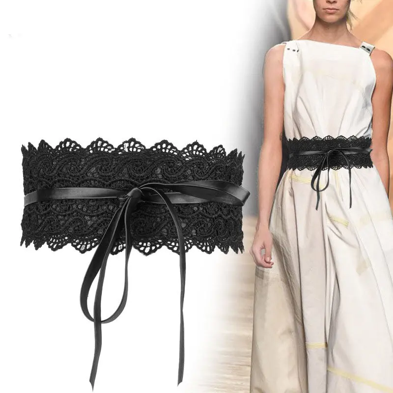 Fashion Black/White Belts For Women Faux Leather Lace Wide Belt Female Bowknot Weaving Belt Boho Waist Band Ceinture Femme 1