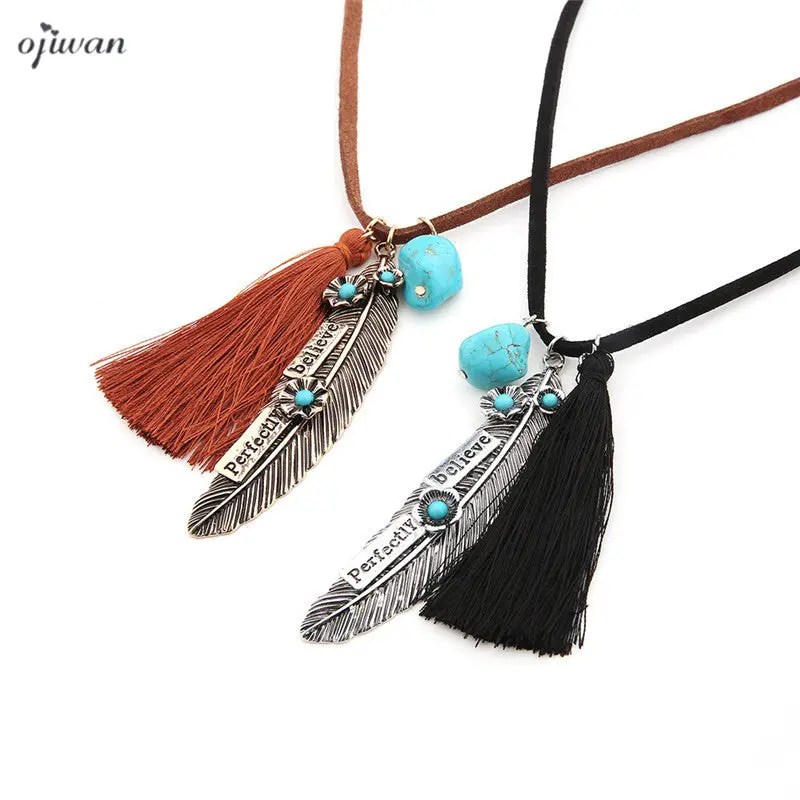 Ojiwan Long Tassel Necklace Collier Plumes Boho Feather Necklace Hippie Collier Pompon Cowgirl Indian Native American Jewelry 1