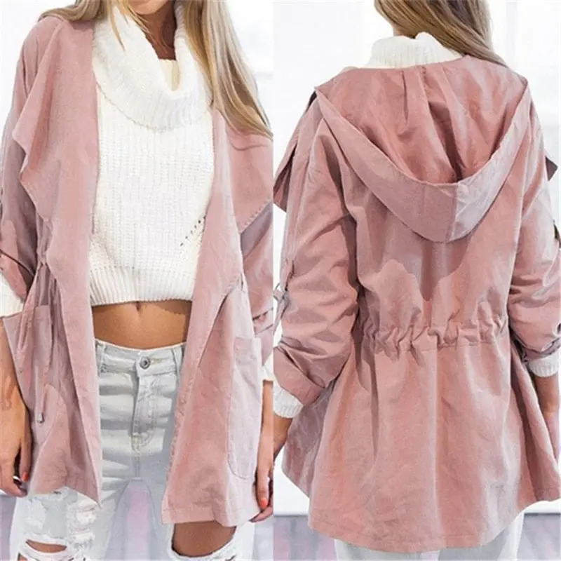 Autumn Women's Casual Hooded Windbreaker Coat Turndown Collar Overcoat Outerwear Coat Solid Color Trench Belt Slim Tops Coat 1
