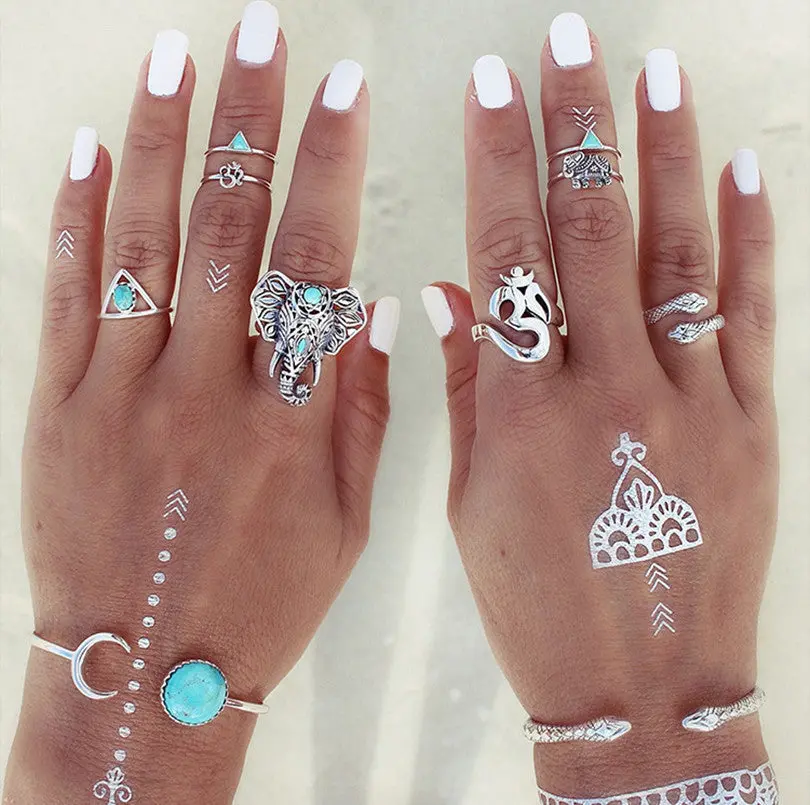 Wlp 4-11Pcs 2018 Boho Retro Elephant Snake Blue Gem Rings Lucky Stackable Midi Rings Set Of Rings For Women Party 1