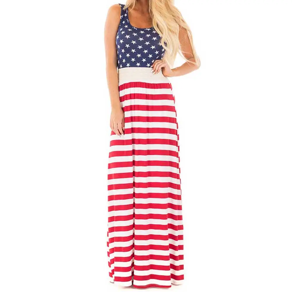 Women's Stars And Stripes Maxi Dress Sleeveless Usa Independence Day Dress 1