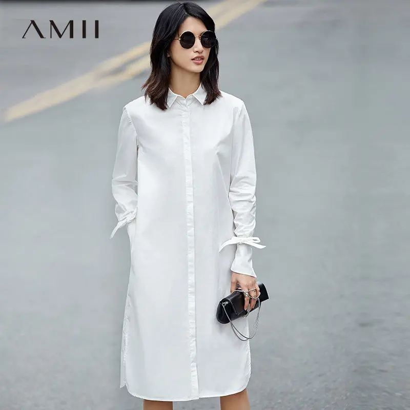 Amii Casual Minimalist Women Dress 2018 Solid Turn-Down Collar Straps Long Sleeve Dresses 1