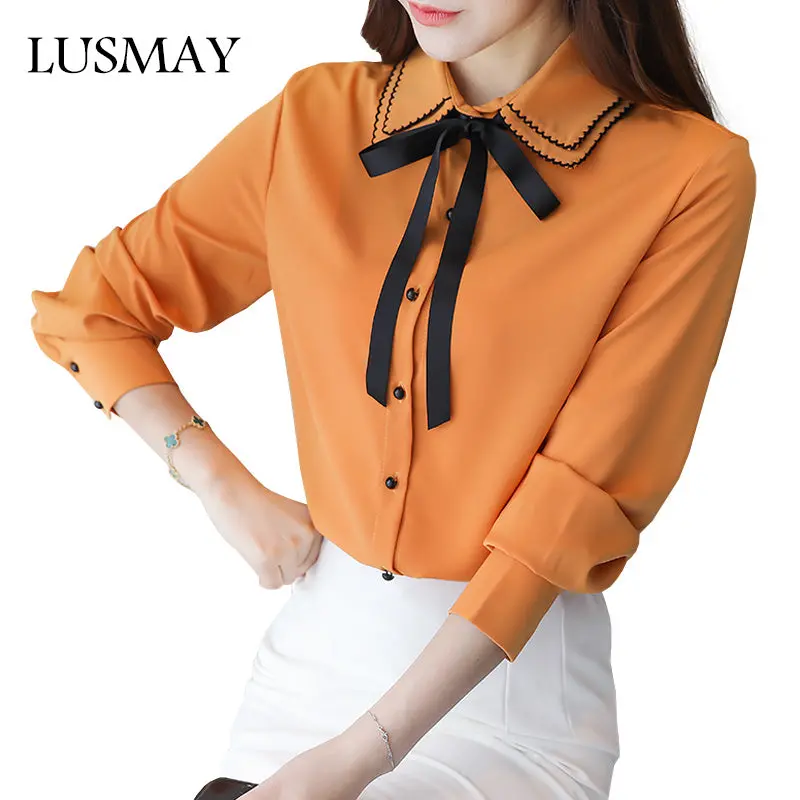 New Fashion Women Shirts Spring 2018 Peter Pan Collar Chiffon Blouse With Bow Tie Long Sleeve Elegant Shirt White Red Yellow 1