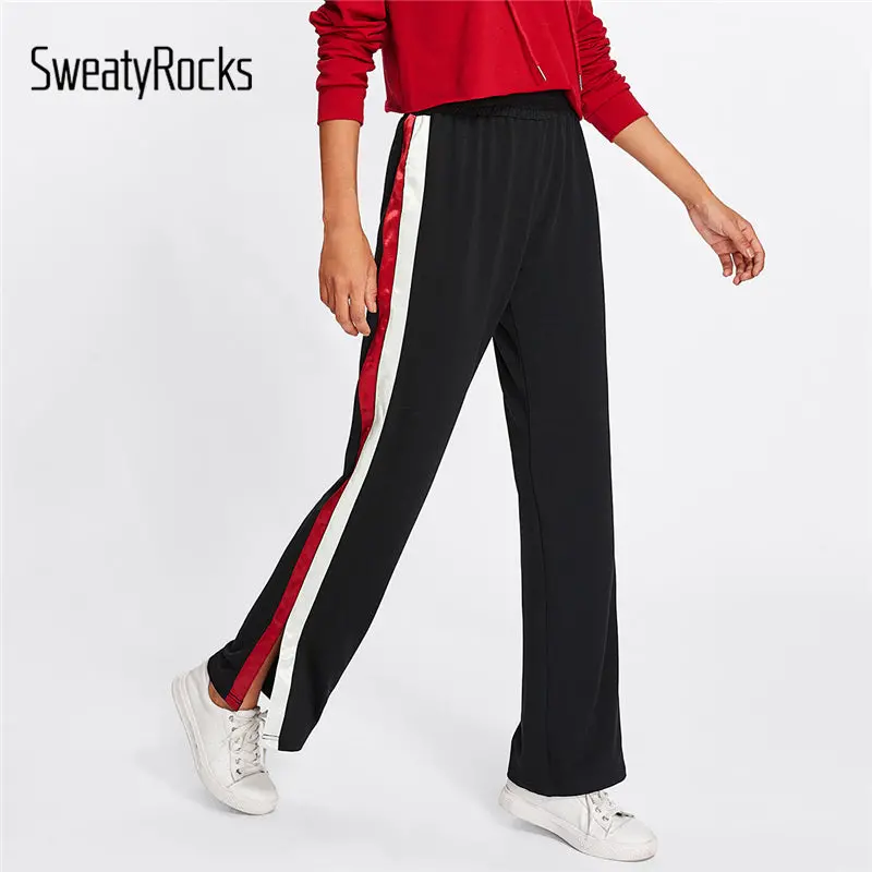 Sweatyrocks Striped Slit Side Wide Leg Pants Women Casual Loose Preppy Style Trousers 2018 Spring Fall Elastic High Waist Pants 1