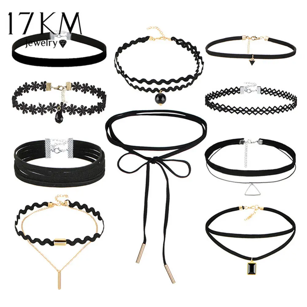 17Km Bohemian Gothic Tattoo Choker Necklaces Set For Women Black Lace Long Necklace Female Collier Chain Fashion Jewelry Party 1