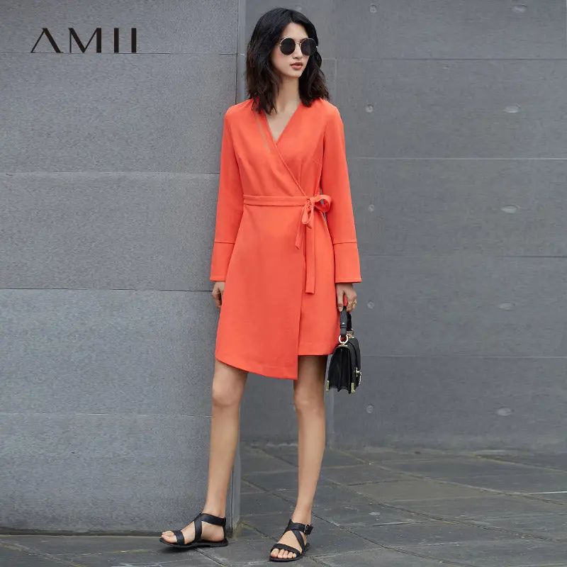 Amii Minimalist Casual Women Dress 2018 V-Neck Knee High Long Sleeve Solid Dresses 1