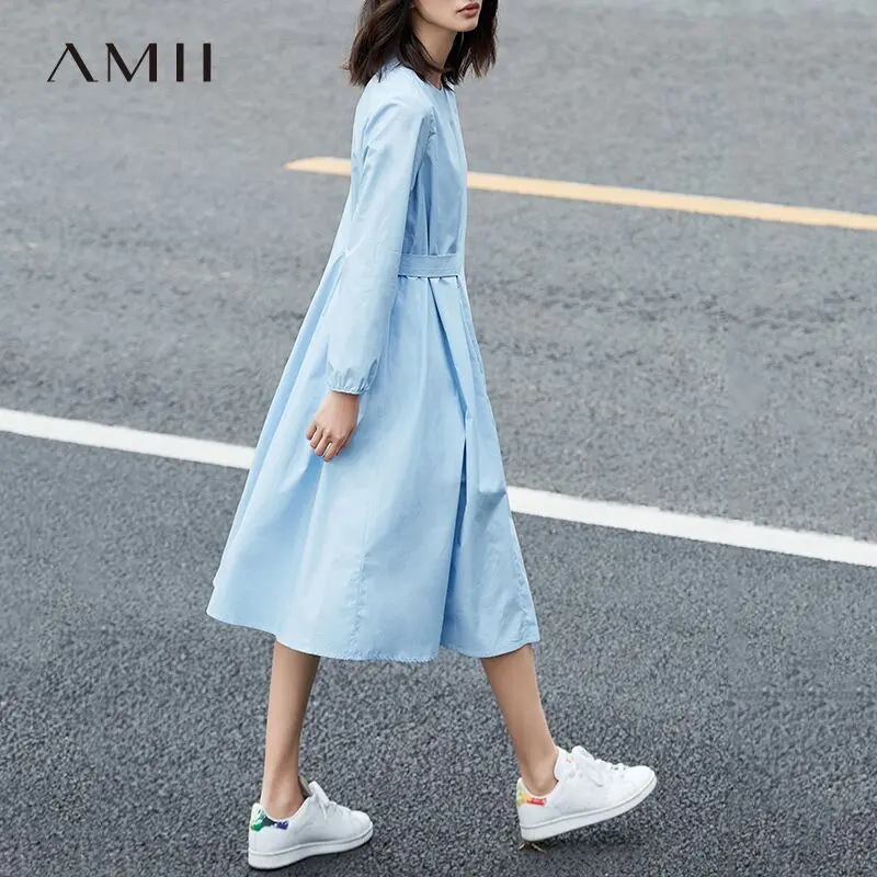 Amii Minimalist Casual Women Dress 2018 Solid O-Neck Puff Sleeve Drap Mid-Calf Dress 1