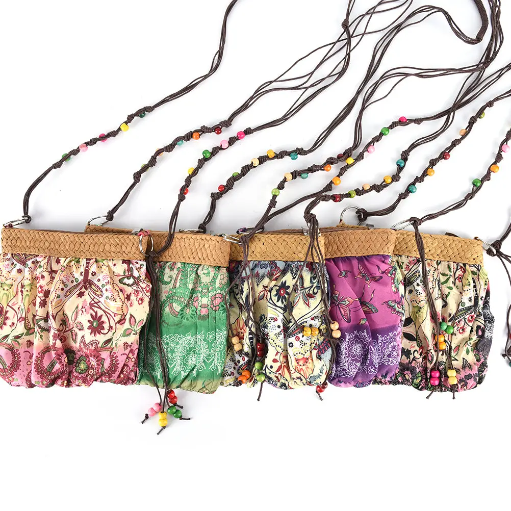 2017 New Boho Bohemia Exotic Floral Straw Weave Strap Cloth Handbag Beach Messenger Bag Small Crossbody Bags 5Colors 1