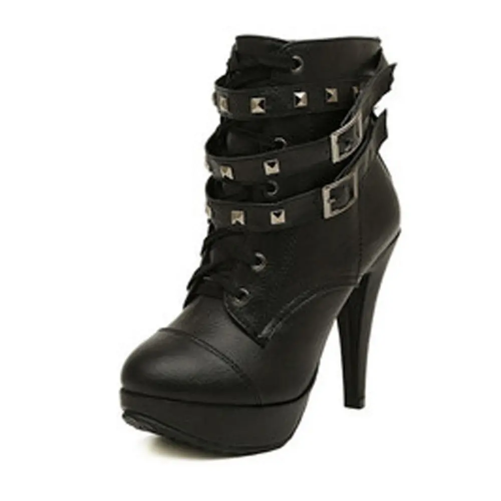 2018 Spring Fashion Women Black High Heel Martin Ankle Boots Buckle Gothic Punk Motorcycle Combat Boots Platform Shoes 1