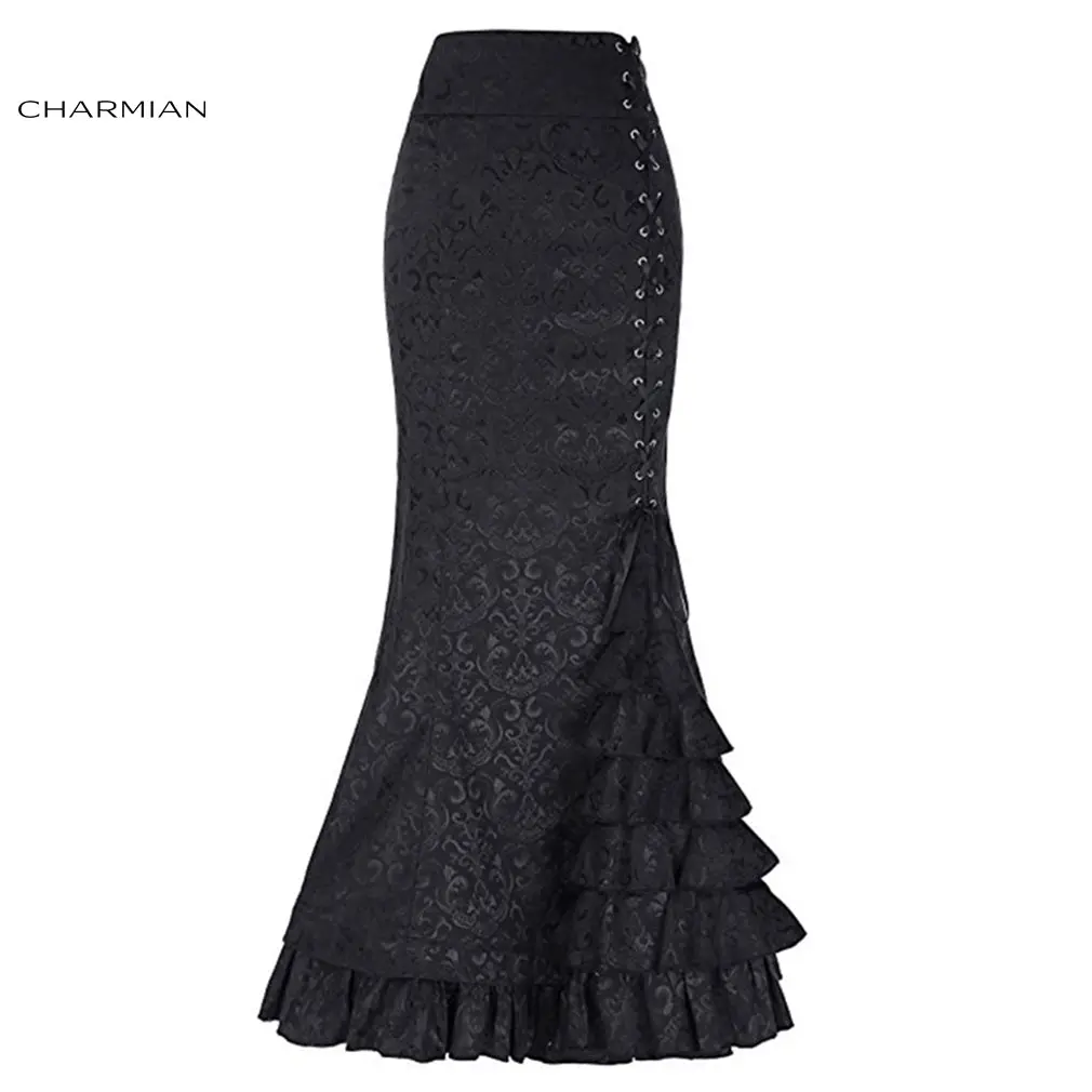 Charmian Women's Sexy Gothic Vintage Mermaid Skirt Victorian Black Lace Up Corset Skirt High Waist Evening Party Retro Skirt 1