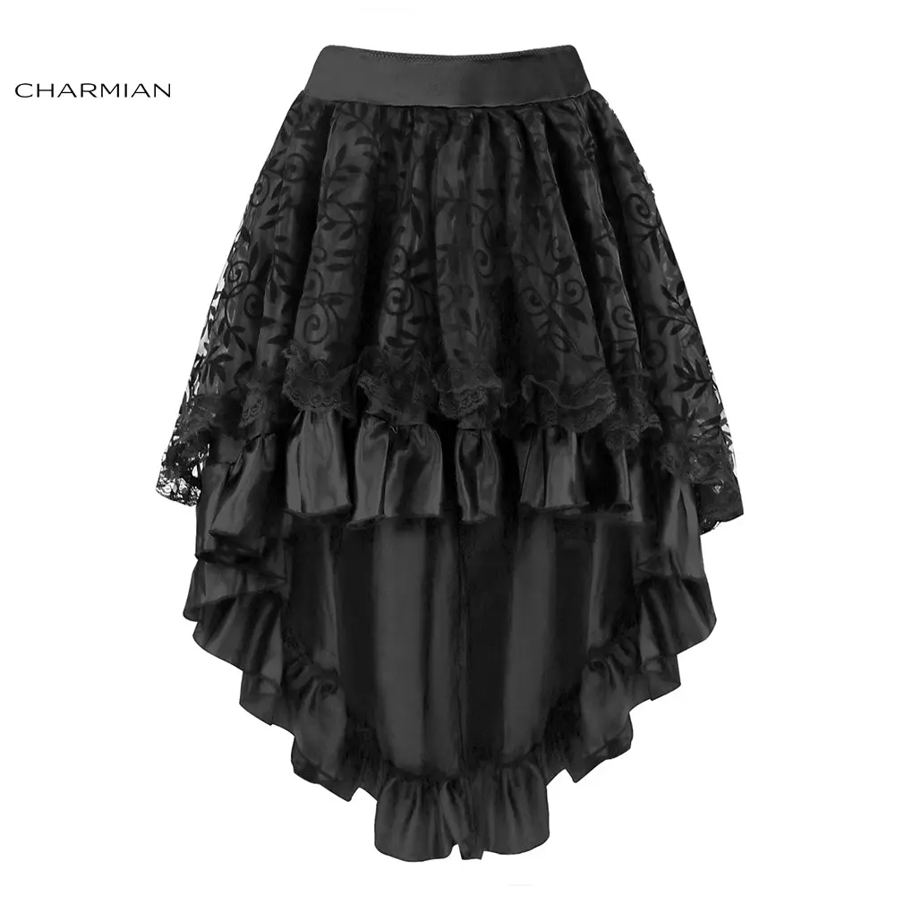 Charmian Women's Steampunk Gothic Vintage Skirt Black Floral High Low Skirt Sexy Wedding Party Lace Skirt With Zipper 1