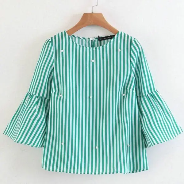 Pearls Beading Striped Shirts 1