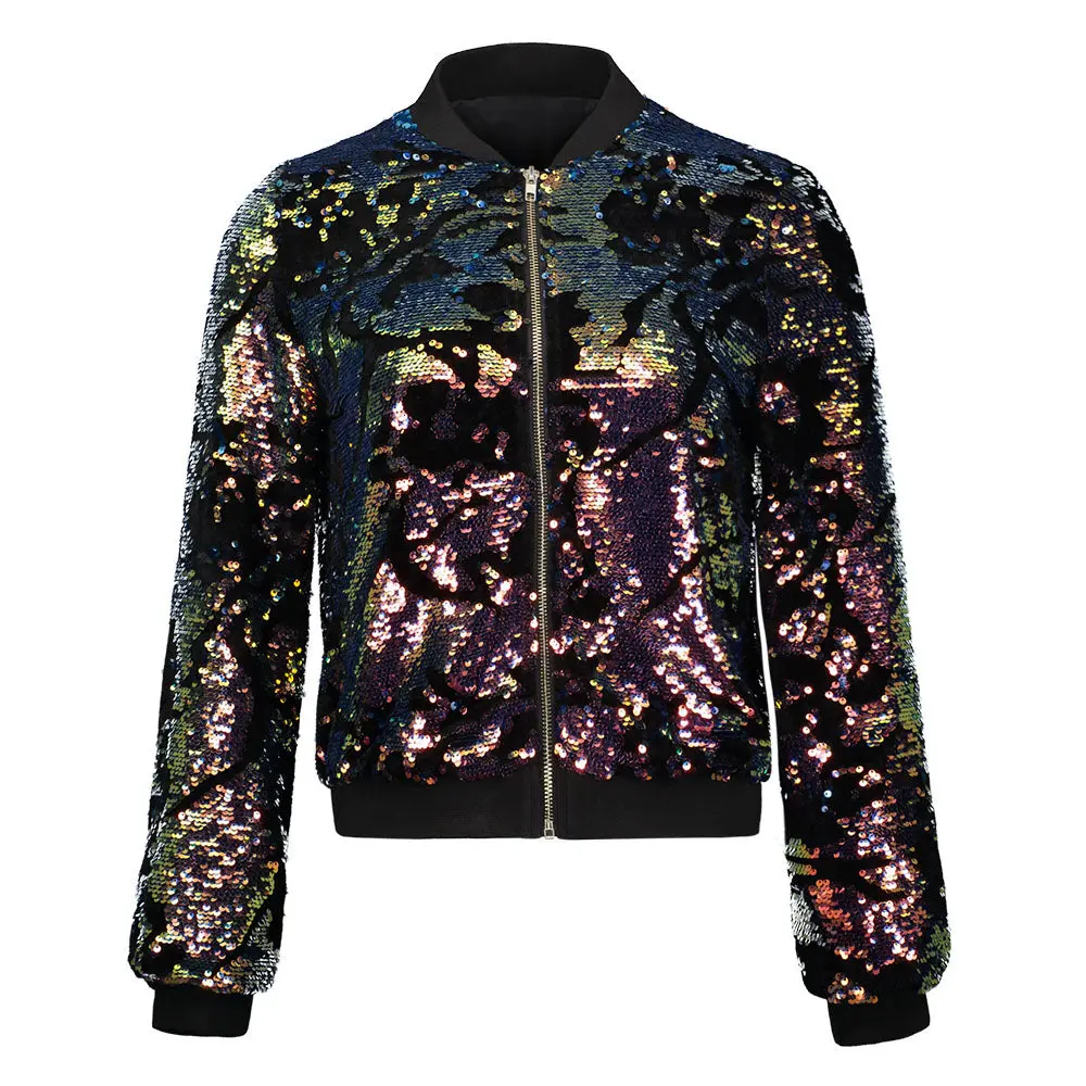 Autumn Women Sequin Coat Jacket Long Sleeve Zipper Streetwear Jacket Preppy Loose Casual Basic Coat Bomber Jacket Casual Outwear 1