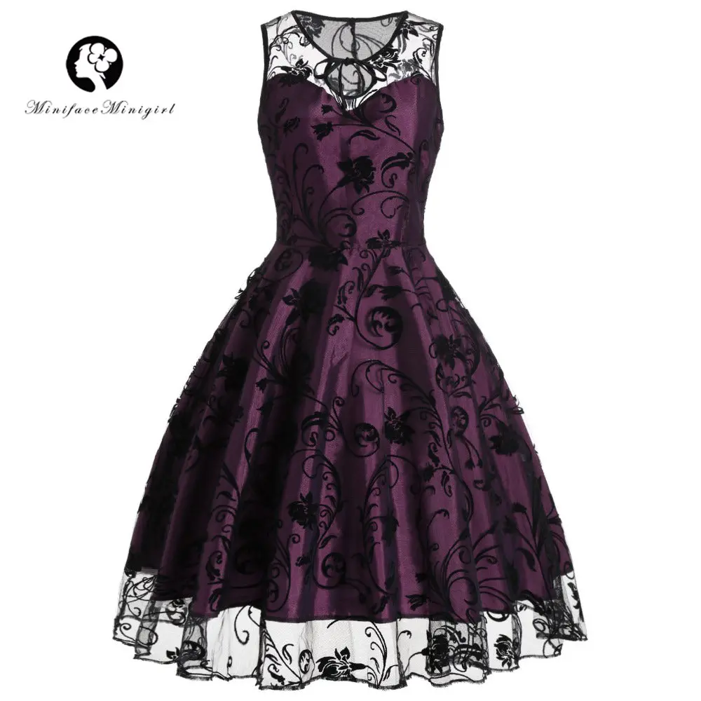Vintage Purple Dress Women Summer 2018 Sexy Sleeveless Vestido Midi Print Robe Femme Lace Vintage Dresses 50S 60S 1