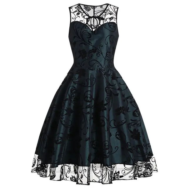 Vintage Purple Dress Women Summer 2018 Sexy Sleeveless Vestido Midi Print Robe Femme Lace Vintage Dresses 50S 60S 2