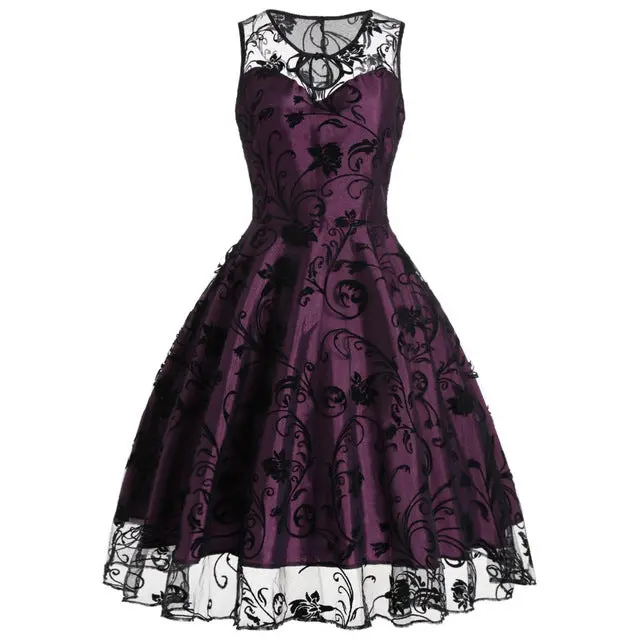 Retro Purple Midi Dress – 1950s & 1960s Inspired Sleeveless Lace Summer Robe for Women - Image 3