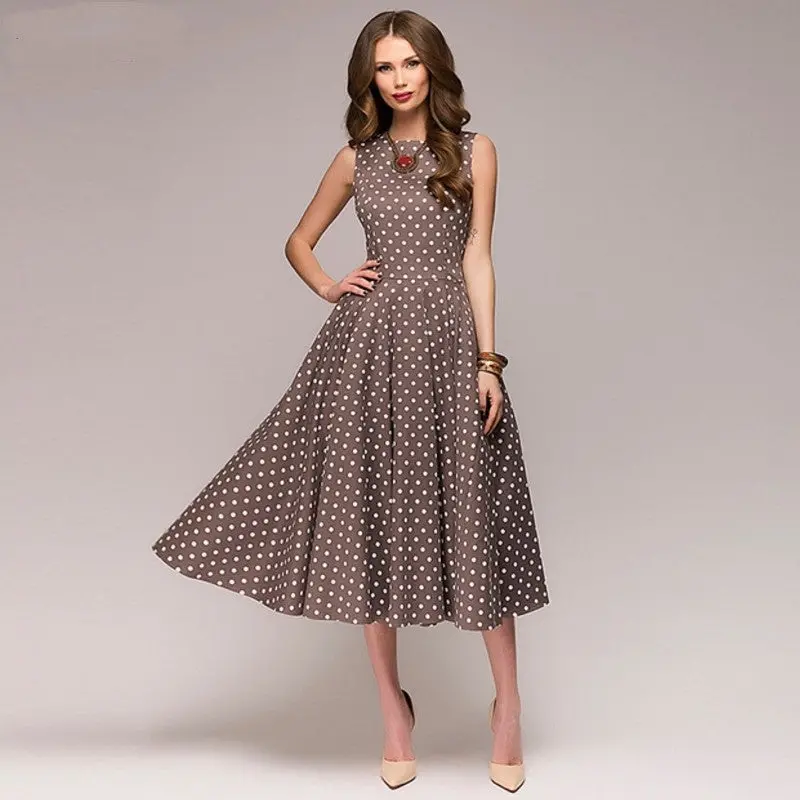 Vintage Dress 2018 Summer New Sleeveless O-Neck Vestidos Women Elegant Thin Dot Printing Mid-Calf Casual Dress Female 1