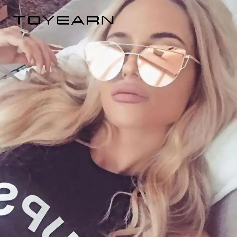 Toyearn Fashion Vintage Ladies Cat Eye Sunglasses Women Men Brand Designer Rose Gold Twin-Beam Mirror Sun Glasses For Female 1